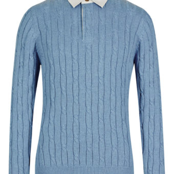 Pure Cotton Cable Knitted Polo Shirt Blue Harbour